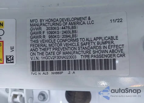 2022 Honda Accord Sport 2.0T из США, поврежденный, VIN 1HGCV2F30NA023003